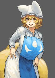 Rule 34 | 1girl, :d, absurdres, adapted costume, animal ears, animal hat, apron, blonde hair, blush, chanta (ayatakaoisii), contrapposto, cowboy shot, fox ears, fox tail, grey background, hands on own hips, hat, highres, leaning forward, long skirt, long sleeves, mob cap, multiple tails, open mouth, shirt, short hair, simple background, skirt, smile, solo, standing, tail, touhou, white shirt, white skirt, yakumo ran, yellow eyes