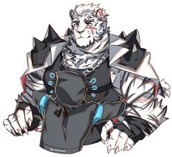 Rule 34 | 1boy, 1other, ambiguous gender, animal ears, arknights, bara, between pecs, between pectorals, black tank top, blush, chain necklace, cropped torso, doctor (arknights), furry, furry male, graysheartart, head between pecs, highres, hug, large pectorals, male focus, mountain (arknights), muscular, muscular male, necklace, pectoral cleavage, pectorals, scar, scar across eye, scar on face, short hair, shoulder spikes, sidepec, smile, spikes, tank top, tiger boy, tiger ears, white fur, white hair