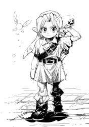 Rule 34 | 1boy, aoki (fumomo), arm at side, collared shirt, fairy, frown, greyscale, hat, holding, holding sword, holding weapon, link, looking at viewer, male focus, monochrome, navi, nintendo, parted bangs, pointy ears, shirt, shoes, short hair, short sleeves, standing, sword, the legend of zelda, tunic, weapon, weapon on back