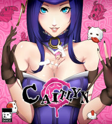 Rule 34 | 2girls, bare shoulders, between breasts, bikini, blue eyes, breasts, caitlyn (league of legends), catherine (game), catherine cover parody, character name, cleavage, doge, fingerless gloves, gloves, horns, kumiko shiba, large breasts, league of legends, long hair, looking at viewer, midriff, mini person, minigirl, multiple girls, nail polish, navel, person between breasts, pink hair, poro (league of legends), purple hair, sheep, sheep horns, short hair, smile, swimsuit, vi (league of legends)