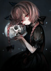 Rule 34 | 1girl, animal ears, black dress, black ribbon, blood, blood on face, blood on hands, cat ears, cat girl, closed mouth, commentary request, cowboy shot, dress, hair ribbon, hasunokaeru, head tilt, highres, holding, holding skull, kaenbyou rin, looking at viewer, puffy short sleeves, puffy sleeves, red eyes, red hair, ribbon, short sleeves, skull, solo, touhou, twintails