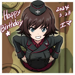 Rule 34 | 1girl, black hat, black jacket, blue eyes, camouflage, character name, commentary, dated, dress shirt, ehirorotoon, english text, from above, garrison cap, girls und panzer, grin, hands on own hips, happy birthday, hat, hida ema, highres, insignia, jacket, kuromorimine military uniform, long sleeves, looking at viewer, maus (tank), military hat, military uniform, military vehicle, motor vehicle, red shirt, shirt, short hair, smile, solo, star (symbol), tank, translated, uniform, wing collar