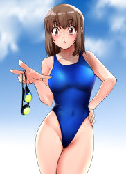 Rule 34 | 1girl, absurdres, blue one-piece swimsuit, blue sky, breasts, brown eyes, brown hair, chestnut mouth, cloud, commentary request, competition swimsuit, covered navel, goggles, unworn goggles, hand on own hip, highres, holding, holding goggles, medium breasts, nanao futaba, one-piece swimsuit, original, short hair, sky, solo, standing, swimsuit