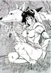 Rule 34 | 1990s (style), 1girl, barefoot, black eyes, black hair, breasts, bush, capelet, forest, grass, looking at viewer, medium breasts, monochrome, mononoke hime, moro, moro no kimi, naked capelet, nature, outdoors, perky breasts, polearm, retro artstyle, san (mononoke hime), small areolae, small nipples, spear, squatting, studio ghibli, tree, weapon, wolf