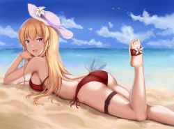 Rule 34 | 1girl, aircraft, airplane, arm support, ass, beach, bikini, blonde hair, blue eyes, bracelet, breast press, breasts, cai geng, cloud, contrail, day, feet, hat, highres, jewelry, leg up, long hair, long legs, looking at viewer, looking back, lying, medium breasts, on stomach, open mouth, original, outdoors, sandals, shiny skin, side-tie bikini bottom, sideboob, skindentation, sky, smile, solo, sun hat, swimsuit, thigh strap