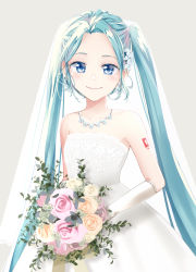 Rule 34 | 1girl, agonasubi, aqua eyes, aqua hair, bare shoulders, blush, bouquet, bridal veil, bride, closed mouth, commentary, dress, earrings, elbow gloves, flower, gloves, hair flower, hair ornament, hatsune miku, highres, holding, holding bouquet, jewelry, lace, lace-trimmed dress, lace trim, long hair, looking at viewer, necklace, ribbon, shoulder tattoo, smile, solo, strapless, strapless dress, tattoo, twintails, upper body, veil, very long hair, vocaloid, wedding dress, white dress, white gloves