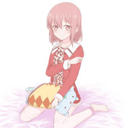 Rule 34 | 1girl, barefoot, breasts, closed mouth, collarbone, hair between eyes, hair down, hand on own arm, karasu032821z, long sleeves, looking at viewer, open pajamas, pajamas, red eyes, red hair, sitting, small breasts, solo, spoilers, stuffed animal, stuffed cat, stuffed toy, tattoo, white background, yuuki yuuna, yuuki yuuna wa yuusha de aru, yuusha de aru