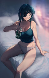 Rule 34 | 1girl, absurdres, arm support, bed sheet, black camisole, blush, breasts, camisole, can, chainsaw man, cigarette, cleavage, collarbone, eyepatch, green hair, grey panties, highres, himeno (chainsaw man), holding, holding can, holding cigarette, indoors, large breasts, looking at viewer, navel, panties, shancha yu, sitting, smile, smoking, solo, stomach, underwear