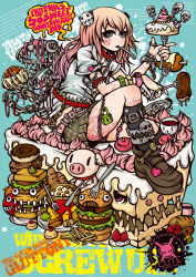 Rule 34 | blue eyes, boned meat, boots, burger, cake, doughnut, food, fork, french fries, highres, jewelry, knee boots, lock, meat, mouth hold, original, padlock, pig, pink hair, project.c.k., skull, solo, tattoo