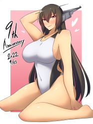 Rule 34 | 1girl, absurdres, alternate costume, anniversary, black hair, black one-piece swimsuit, breasts, competition swimsuit, covered navel, headgear, highleg, highleg swimsuit, highres, kantai collection, large breasts, long hair, nagato (kancolle), one-piece swimsuit, osora (judithandlilith), red eyes, sitting, solo, swimsuit, very long hair, wariza, white one-piece swimsuit