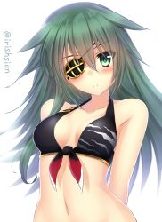 Rule 34 | 10s, 1girl, absurdres, aqua hair, arms behind back, bare shoulders, bikini, blush, breasts, collarbone, eyepatch, front-tie bikini top, front-tie top, frown, green eyes, green hair, highres, kantai collection, kiso (kancolle), long hair, looking at viewer, matching hair/eyes, murasame shia, navel, simple background, solo, swimsuit, tail ein, twitter username, upper body
