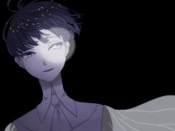 Rule 34 | 1other, ascot, black background, blue eyes, blue hair, bowl cut, commentary, floating hair, glowing, glowing eye, heterochromia, highres, houseki no kuni, leaning to the side, looking at viewer, moon uniform (houseki no kuni), night, other focus, parted lips, phosphophyllite, phosphophyllite (ll), portrait, see-through, see-through sleeves, short hair, simple background, smile, solo, spoilers, white ascot, white eyes, wide sleeves, yagi hara