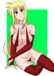 Rule 34 | 1girl, blonde hair, blush, breasts, christmas, cleavage, closed mouth, covered erect nipples, fate testarossa, highres, kunisaki-air, large breasts, long hair, looking at viewer, lyrical nanoha, mahou shoujo lyrical nanoha strikers, navel, red eyes, red thighhighs, smile, solo, thighhighs