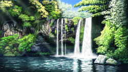 day highres lake landscape morebi no_humans original outdoors rock scenery sunlight tree water waterfall