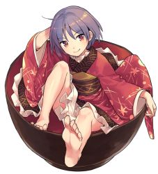 Rule 34 | 1girl, ahoge, bad id, bad pixiv id, barefoot, bowl, chorefuji, closed mouth, feet, full body, japanese clothes, kimono, knee up, light smile, long sleeves, looking at viewer, mini person, minigirl, obi, purple hair, red eyes, red kimono, sash, short hair, simple background, sitting, soles, solo, sukuna shinmyoumaru, toes, touhou, white background, wide sleeves