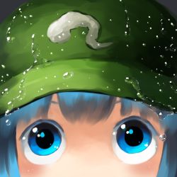 Rule 34 | 1girl, blue eyes, blue hair, bubble, close-up, hat, kawashiro nitori, looking up, matching hair/eyes, out of frame, short hair, solo, touhou, underwater, water, yaise