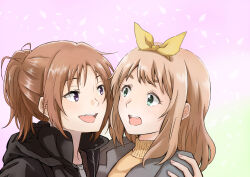 Rule 34 | 2girls, black jacket, blush, bow hairband, brown hair, commentary request, curryisfriend, eye contact, falling petals, fang, gradient background, green background, green eyes, grey hair, hairband, hibike! euphonium, highres, jacket, liz to aoi tori, long hair, looking at another, multiple girls, nakagawa natsuki, open mouth, petals, pink background, ponytail, purple eyes, smile, sweater, thick eyebrows, upper body, yellow hairband, yellow sweater, yoshikawa yuuko, yuri