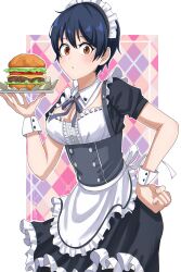 Rule 34 | 1girl, absurdres, alternate costume, apron, argyle, argyle background, argyle clothes, artist name, black dress, black hair, breasts, brown eyes, burger, cleavage, dress, enmaided, food, frilled dress, frills, hand on own hip, highres, holding, holding tray, izumo fuuko, maid, maid apron, maid headdress, medium breasts, shishiruto, short hair, short sleeves, solo, standing, tray, undead unluck, waitress, wrist cuffs