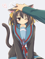 Rule 34 | 1boy, 1girl, animal ears, belt, blue sailor collar, blue skirt, blush, brown cardigan, brown eyes, brown hair, cardigan, cat ears, cat tail, closed mouth, commentary request, hair between eyes, hair ribbon, hairband, headpat, kita high school uniform, kyon, long sleeves, one eye closed, open cardigan, open clothes, out of frame, red ribbon, ribbon, sailor collar, school uniform, serafuku, short hair, simple background, sitting, skirt, solo, suzumiya haruhi, suzumiya haruhi no yuuutsu, taiki (6240taiki), tail, white background, yellow hairband, yellow ribbon