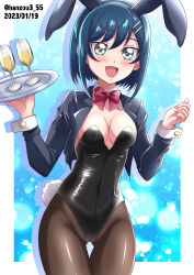 Rule 34 | alternate costume, animal ears, black leotard, black pantyhose, blue eyes, blue hair, bow, bowtie, breasts, covered navel, cup, delicious party precure, detached collar, drinking glass, fake animal ears, fake tail, fuwa kokone, hanzou, highres, leotard, looking at viewer, open mouth, pantyhose, playboy bunny, precure, rabbit ears, rabbit tail, small breasts, smile, strapless, strapless leotard, tail, traditional bowtie, tray, wrist cuffs
