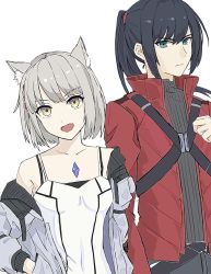 Rule 34 | 1boy, 1girl, animal ears, black hair, black shirt, blue eyes, cat ears, core crystal (xenoblade), highres, jacket, mio (xenoblade), noah (xenoblade), open clothes, open jacket, open mouth, ponytail, red jacket, red ribbon, ribbon, shirt, shoulder strap, smile, tank top, white hair, white jacket, white tank top, xenoblade chronicles (series), xenoblade chronicles 3, yellow eyes