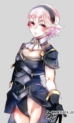 Rule 34 | 1girl, armor, black armor, black gloves, black hairband, corrin (female) (fire emblem), corrin (fire emblem), cowboy shot, fire emblem, fire emblem fates, gloves, gold trim, grey background, hairband, half-closed eyes, negiwo, nintendo, parted lips, pink hair, pointy ears, reaching, reaching towards viewer, red eyes, short hair, simple background, solo, standing, twitter username