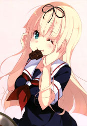 Rule 34 | 10s, 1girl, absurdres, blonde hair, candy, chocolate, chocolate bar, food, green eyes, highres, kantai collection, kujou ichiso, mouth hold, non-web source, nyantype, official art, one eye closed, school uniform, serafuku, solo, yuudachi (kancolle)