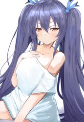Rule 34 | 1girl, absurdres, bare shoulders, bimmy, black hair, blush, breasts, frown, hair between eyes, hair ribbon, heart, heart hands, highres, long hair, looking at viewer, medium breasts, neck, neptune (series), noire (neptunia), red eyes, ribbon, simple background, solo, suspicious, thighs, tsundere, twintails, very long hair, white background