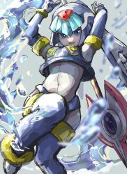 Rule 34 | 1girl, arms up, blue eyes, blue footwear, blue helmet, blurry, blurry foreground, boots, breasts, fairy leviathan (mega man), foot out of frame, forehead jewel, grey background, helmet, highres, holding, holding polearm, holding weapon, jam jam odoro, looking at viewer, medium breasts, mega man (series), mega man zero (series), polearm, solo, spear, thigh boots, water, weapon