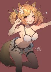 Rule 34 | 1girl, ;d, ahoge, animal ears, arknights, bare arms, bare shoulders, bikini, bikini skirt, blonde hair, blush, breasts, cleavage, collarbone, dated, flower, hair flower, hair ornament, large breasts, leg up, looking at viewer, medium breasts, official alternate costume, one eye closed, open mouth, outstretched arm, photoshop (medium), red background, red eyes, short hair, short twintails, signature, simple background, skindentation, skirt, smile, solo, sora (arknights), sora (summer flowers) (arknights), sparkle, standing, standing on one leg, swimsuit, tail, thigh strap, twintails, v, vanillafox2035, white bikini, white flower, white skirt, wolf ears, wolf girl, wolf tail