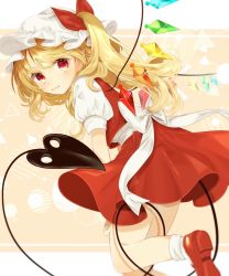 Rule 34 | 1girl, back bow, blonde hair, bow, closed mouth, commentary request, crystal, flandre scarlet, happy, hat, highres, laevatein (tail), looking at viewer, looking back, mary janes, medium hair, mob cap, puffy short sleeves, puffy sleeves, red eyes, red footwear, red hair, red skirt, red vest, shirt, shoe soles, shoes, short sleeves, side ponytail, skirt, smile, socks, solo, tail, touhou, vest, waist bow, white hat, white shirt, white socks, wings, youtan