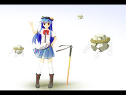 Rule 34 | 1girl, blue hair, female focus, full body, gradient background, hat, hinanawi tenshi, keystone, letterboxed, long hair, masa nori, red eyes, rope, shimenawa, solo, sword, sword of hisou, thighhighs, touhou, weapon, white background
