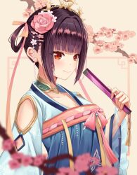 Rule 34 | 1girl, breasts, brown hair, china dress, chinese clothes, dress, folding fan, hair ornament, hair ribbon, hand fan, heaven burns red, holding, large breasts, li yingxia, red eyes, ribbon, smile, solo, team 31x (heaven burns red), yellow ribbon, yumicha