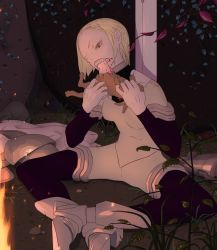 Rule 34 | 1girl, armor, armored boots, bad id, blonde hair, blood, bodysuit, boots, campfire, claymore (series), eating, fire, helen, highres, moke-re-mubenbe, planted, rabbit, sharp teeth, short hair, slit pupils, solo, sword, teeth, weapon