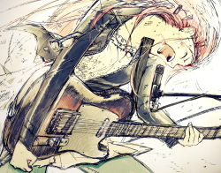 Rule 34 | 1girl, bad id, bad pixiv id, electric guitar, fender telecaster, guitar, hair ornament, hairclip, instrument, jacket, kaito (k4itoh), leather, leather jacket, long hair, microphone, microphone stand, motion blur, music, original, pants, pants under skirt, pixiv punk and rock, playing instrument, punk, red hair, singing, skirt