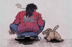 Rule 34 | 1boy, american flag, black hair, commentary request, dog, from behind, full body, grey background, grey footwear, grey pants, highres, inudori, itou kaiji, jacket, kaiji, long hair, male focus, pants, red jacket, republic of china flag, shoes, smoke, smoking, sneakers, solo, south korean flag, squatting