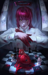 Rule 34 | 1girl, absurdres, blood, blood on clothes, blood on face, blood on hands, board game, chainsaw man, chess, chess piece, chessboard, collared shirt, denji (chainsaw man), heart (organ), highres, lips, looking at viewer, makima (chainsaw man), mattikarp, necktie, power (chainsaw man), red hair, ringed eyes, shirt, v-shaped eyebrows, white shirt, yellow eyes