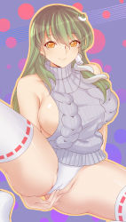 Rule 34 | 1girl, aran sweater, backless dress, backless outfit, bad id, bad pixiv id, bare shoulders, breasts, cable knit, cameltoe, closed mouth, collarbone, dress, eyelashes, fingernails, frog hair ornament, green hair, grey dress, grey sweater, hair between eyes, hair ornament, halterneck, highres, knee up, kochiya sanae, large breasts, long hair, looking at viewer, meme attire, naked sweater, no bra, orange eyes, panties, ribbed sweater, ribbon-trimmed legwear, ribbon trim, sideboob, sitting, smile, snake hair ornament, solo, spread legs, sweater, sweater dress, thighhighs, touhou, turtleneck, turtleneck sweater, underwear, virgin killer sweater, white panties, white thighhighs, x&amp;x&amp;x, yellow eyes