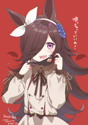 Rule 34 | 1girl, animal ears, artist name, blush, bow hairband, brown dress, brown hair, collared dress, cross-laced clothes, cross-laced sleeves, dated, detached wings, dress, fangs, hair over one eye, hairband, hands up, highres, horse ears, jewelry, long hair, long sleeves, looking at viewer, mask, mask pull, mochiko tsuru, mouth mask, neck ribbon, open mouth, puffy long sleeves, puffy sleeves, red background, ribbon, rice shower (umamusume), ring, simple background, solo, teeth, translation request, umamusume, upper body, wings