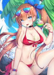 Rule 34 | 1girl, ahoge, bare arms, bare shoulders, bikini, black choker, blue eyes, bow, brown hair, candy, choker, eyewear on head, fal (girls&#039; frontline), flower bracelet, food, girls&#039; frontline, hair bow, halterneck, iridescent, lollipop, long hair, looking at viewer, mouth hold, navel, open mouth, outdoors, palm leaf, red bikini, side-tie bikini bottom, side ponytail, sitting, smile, solo, stomach, string bikini, sunglasses, swimsuit, thighs, umou (may65879), very long hair