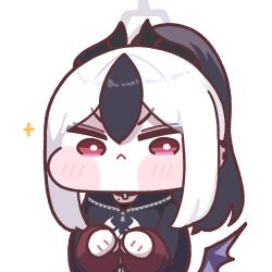 1girl :&lt; black_choker black_hair black_hoodie black_horns blue_archive blush blush_stickers bright_pupils chibi choker collarbone commentary_request commission curved_horns deformed demon_horns demon_wings ear_piercing earclip gleam grey_halo halo hands_up highres hood hoodie horns kayoko_(blue_archive) korean_commentary long_sleeves looking_at_viewer medium_hair mole mole_on_collarbone multicolored_hair paw_pose piercing ponytail red_eyes red_skirt rocktide simple_background single_wing skirt solo two-tone_hair v-shaped_eyebrows white_background white_hair wings