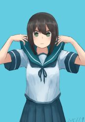 Rule 34 | 10s, 1girl, 2015, black hair, blouse, blue background, blue skirt, blush, closed mouth, cowboy shot, dated, expressionless, fubuki (kancolle), green eyes, hair between eyes, hands up, kantai collection, looking at viewer, pleated skirt, school uniform, serafuku, shirt, short sleeves, sidelocks, simple background, skirt, solo, tabiaki (cosy catastrophe), tabisora