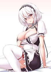 Rule 34 | 1girl, anchor, apron, arm support, azur lane, bed sheet, black dress, blush, breasts, cleavage, collar, commentary request, dress, feet out of frame, frilled apron, frills, gradient background, hair between eyes, hairband, head tilt, highres, large breasts, looking at viewer, nori tamago, nose blush, parted lips, pink background, puffy short sleeves, puffy sleeves, red eyes, shirt, short dress, short hair, short sleeves, silver hair, sirius (azur lane), sitting, smile, solo, thighhighs, thighs, waist apron, white apron, white background, white hairband, white shirt, white thighhighs
