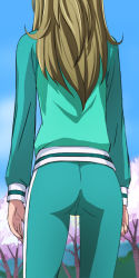Rule 34 | 10s, 1girl, ass, brown hair, cherry blossoms, day, from below, haruyama kazunori, long hair, minamino kanade, pants, precure, sky, solo, suite precure, tight clothes, tight pants, track suit