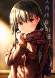 Rule 34 | 10s, 1girl, arm behind back, bandaid, bandaid on hand, blurry, blush, brown coat, buttons, chalkboard, charm (object), classroom, closed mouth, coat, depth of field, evening, fingernails, green hair, green nails, hair between eyes, head tilt, highres, indoors, kantai collection, long fingernails, long hair, long sleeves, looking at viewer, miss cloud, nail polish, open clothes, open coat, pink lips, plaid, plaid scarf, scarf, school, scratching cheek, smile, solo, suien, sunlight, suzuya (kancolle), translated, unbuttoned, upper body, yellow eyes