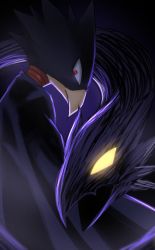 Rule 34 | 1boy, absurdres, animal head, bird boy, black cape, boku no hero academia, cape, creature, dark shadow, fang, glowing, glowing eyes, gradient background, highres, hyakki non, looking at viewer, male focus, open mouth, profile, purple background, red eyes, serious, skin fang, solo, tokoyami fumikage, yellow eyes
