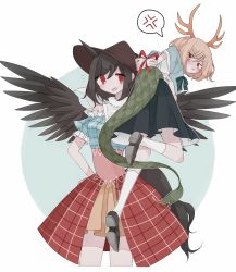 Rule 34 | 2girls, anger vein, animal ears, antlers, arm up, blue shirt, blush, breasts, brown hair, brown headwear, closed eyes, collarbone, commentary request, cowboy shot, dragon horns, dragon tail, embarrassed, eyelashes, feathered wings, green skirt, heart, highres, holding, holding heart, holding person, horns, horse ears, horse girl, horse tail, kicchou yachie, kurokoma saki, long hair, looking back, medium breasts, motion lines, multicolored clothes, multiple girls, open mouth, outstretched arm, pegasus wings, person on back, plaid, plaid skirt, ponytail, puffy short sleeves, puffy sleeves, red skirt, shirt, short hair, short sleeves, simple background, skirt, spoken anger vein, standing, tail, throwing, touhou, turtle shell, upper body, white background, wings, yuejinlin