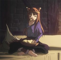 Rule 34 | 1girl, animal ears, animated, animated gif, barefoot, bed, bowl, brown hair, eating, closed eyes, fang, food, holo, long hair, lowres, open mouth, screencap, sitting, spice and wolf, tail, wolf ears, wolf tail