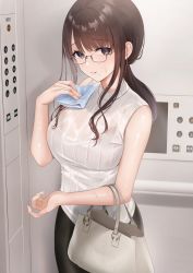 Rule 34 | 1girl, bag, bare arms, black eyes, bra, bra visible through clothes, brown hair, cowboy shot, elevator, glasses, handbag, highres, holding, holding towel, indoors, kayanomomo, lace, lace bra, long hair, looking at viewer, office lady, original, parted lips, ponytail, see-through, shirt, sidelocks, sleeveless, solo, towel, underwear, wet, wet clothes, wet shirt