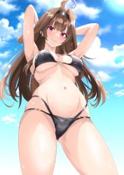Rule 34 | 1girl, absurdres, ahoge, alternate costume, armpits, arms behind head, bikini, black bikini, black hairband, blue sky, breasts, brown hair, closed mouth, cloud, commentary request, day, from below, hairband, halterneck, highres, kantai collection, kongou (kancolle), large breasts, long hair, looking at viewer, mixed-language commentary, navel, nitamako (sakamalh), outdoors, purple eyes, sky, smile, solo, string bikini, sunlight, swimsuit